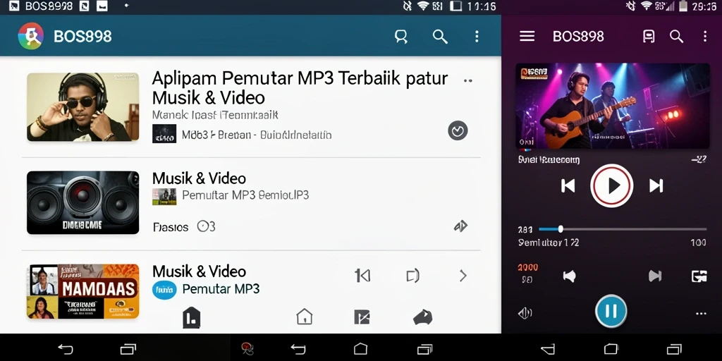 Tampilan antarmuka aplikasi Pemutar MP3 BOS898 yang modern dan user-friendly.