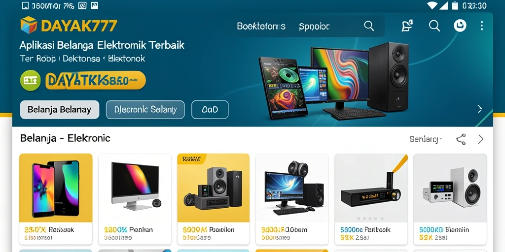 Tampilan antarmuka pengguna aplikasi DAYAK777 untuk belanja elektronik.