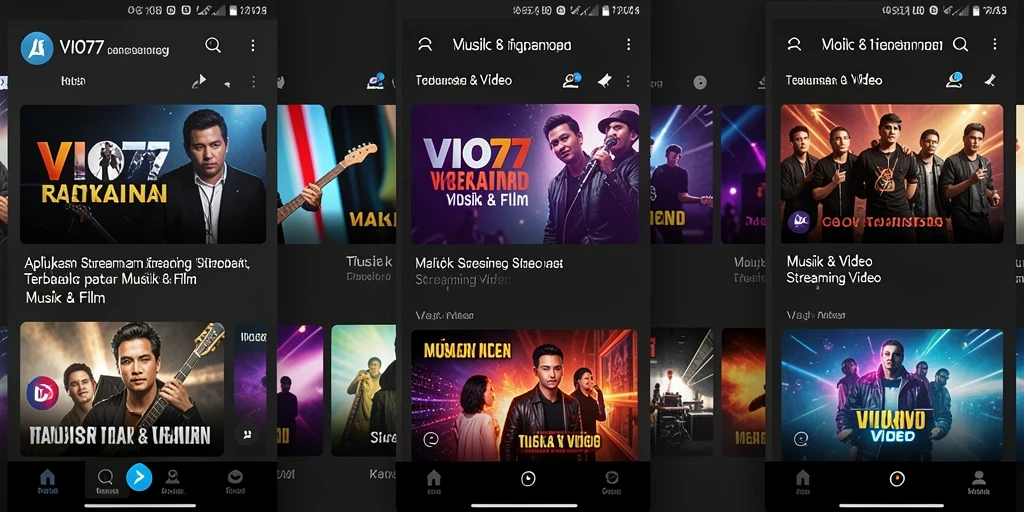 Tampilan antarmuka aplikasi VIO77 untuk streaming video dengan berbagai pilihan konten.